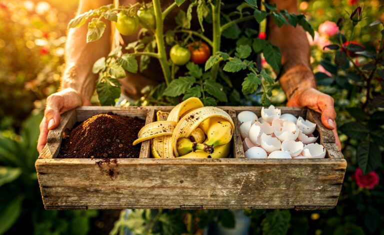 Illustration von drei überraschenden Garten-Hacks mit Hausmitteln: Kaffeesatz, Bananenschalen und Eierschalen als natürliche Dünger und Schädlingsschützer für eine üppige Blütenpracht.