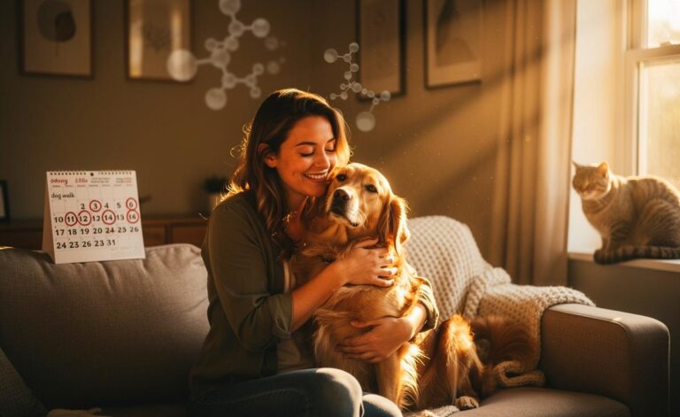 Illustration von einer Frau, die lächelnd ihren Hund umarmt, während im Hintergrund schematisch Oxytocin-Moleküle, ein Kalender für Routinen und ein meditierendes Kaninchen als stilisierte Symbole für die drei überraschenden Glückswege schweben.