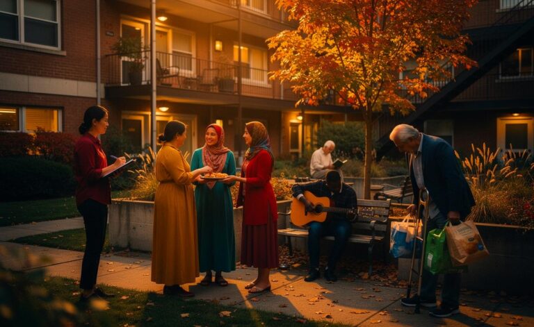 Illustration von fünf stilisierten Menschentypen als Nachbarn vor einem Wohnhaus