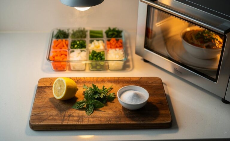 Illustration von sieben zeitsparenden Küchen-Hacks, die Geld sparen, dargestellt durch Symbole wie eine Tiefkühltruhe, Backpulver-Packung, Kochtopf, Vorratsgläser und eine Mikrowelle.