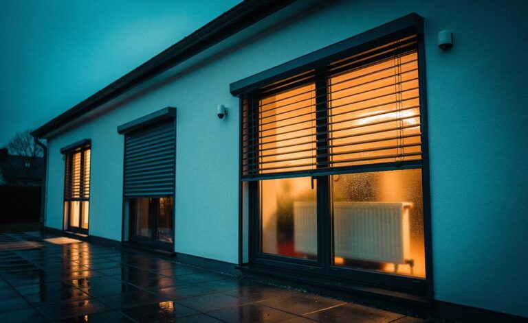Illustration von Rollläden, die um 19:30 Uhr bei Dämmerung geschlossen werden, um Wärmeverluste zu reduzieren und Heizkosten zu senken