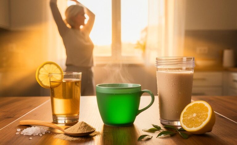 Illustration von [einem einfachen Morgen-Getränk für Menschen ab 54 Jahren: Wasser mit Zitrone und Elektrolyten, grünem Tee und einem Protein-Faser-Shake auf einem Frühstückstisch im Morgenlicht]