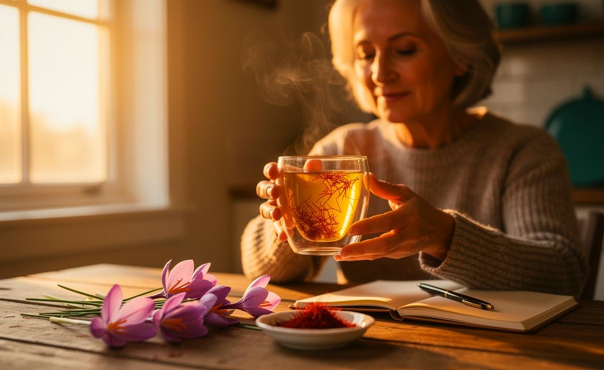 Illustration von Safran in der Morgenroutine von Menschen ab 59 für natürliche Entspannung und bessere Konzentration