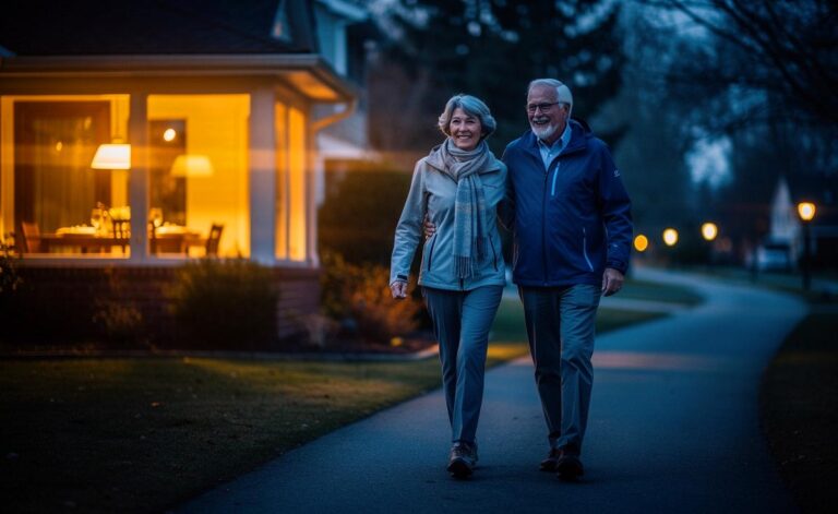 Illustration von einer Seniorin und einem Senior beim Verdauungsspaziergang nach dem Abendessen