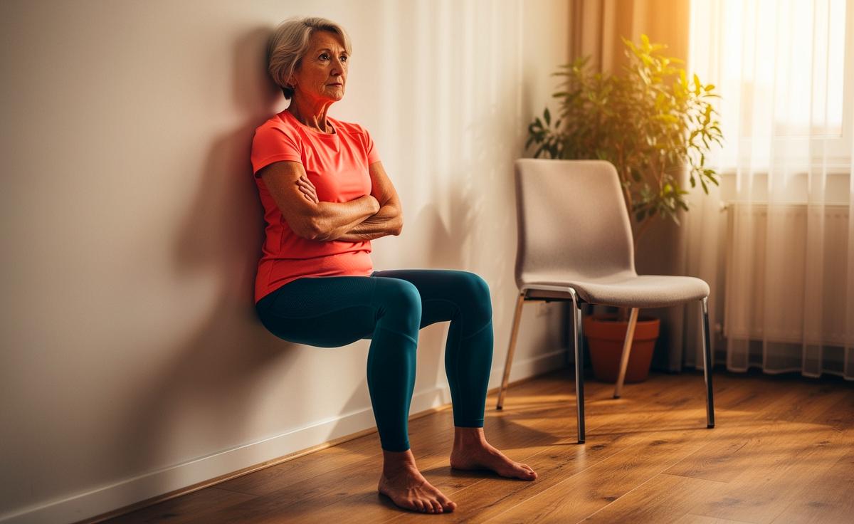 Illustration von einer älteren Person, die eine einfache Kniebeuge-Variante an der Wand (Wandsitz) ausführt, zur Stärkung der Beine und zur Verbesserung des Gleichgewichts