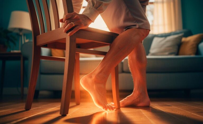 Illustration von einer Seniorin, die sich an einer Stuhllehne abstützt und Fersenheben als 5‑Minuten‑Fußgymnastik zur besseren Durchblutung und gegen kalte Füße ausführt