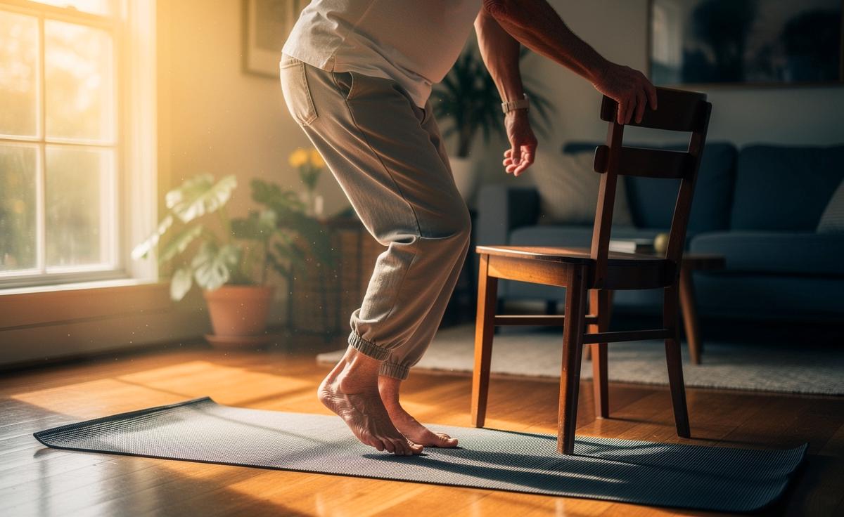 Illustration von einer älteren Person, die an einer Stuhllehne den Zehenspitzenstand zur Verbesserung des Gleichgewichts und zur Sturzprävention übt.