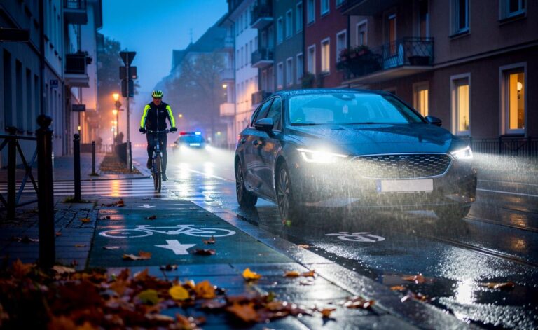 Illustration von einem Auto, das ab 18 Uhr im Oktober in der Dämmerung mit eingeschaltetem Abblendlicht und aktiven Rückleuchten fährt, als Hinweis auf die neue Lichtpflicht-Regelung