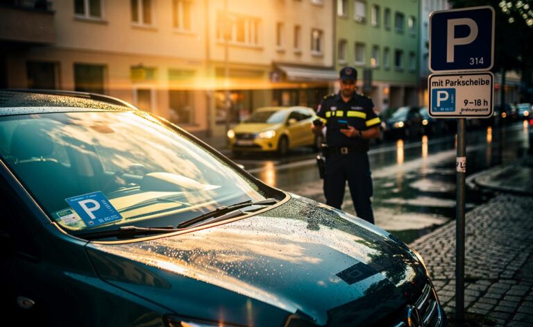 Illustration von einem geparkten Auto mit gut sichtbarer Parkscheibe neben Verkehrszeichen 314/315 zum Start der neuen Parkregel ab 1. April und Hinweis auf 55 Euro Verwarnungsgeld