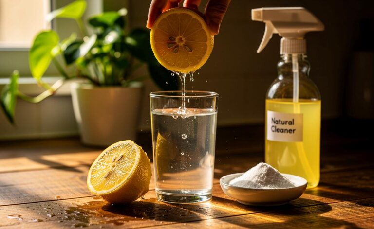 Illustration von einer Zitrone, die als vielseitiger Alltagshelfer Reinigungsmittel, Pflegeprodukte und eine Geldbörse ersetzt.