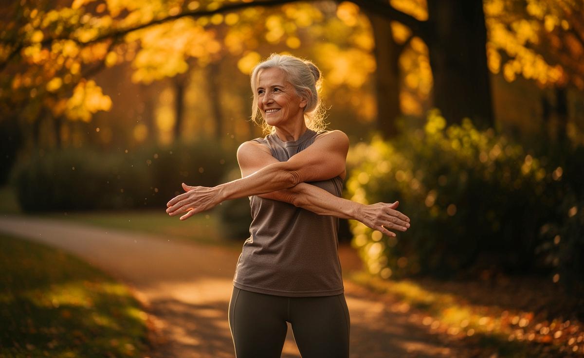Illustration von einer aktiven älteren Person, die eine sanfte Dehnübung ausführt, während im Hintergrund symbolisch die Routinen des achtsamen Gehens und der Wirbelsäulenrotation angedeutet sind.