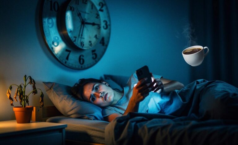 Illustration von einer Person, die unruhig in einem von einem Smartphone-Bildschirm blau beleuchteten Bett schläft, während eine gestörte innere Uhr und Symbole für schlechte Gewohnheiten wie eine Kaffeetasse und spätes Essen im Raum schweben.