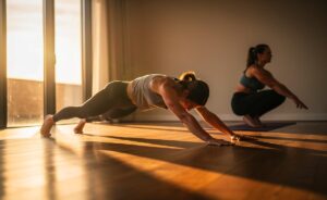 Illustration von einer Person, die abwechselnd die Katze-Kuh-Übung und die tiefe Hocke ausführt, umgeben von Symbolen für Beweglichkeit und Leichtigkeit.