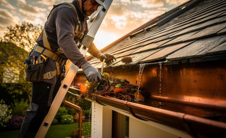 Illustration von einem Dachdecker bei der halbjährlichen Regenrinnenreinigung im Frühling und Herbst