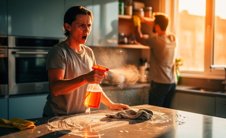 Illustration von zwei ärgerlichen Hausputzfehlern: eine Person, die in falscher Reihenfolge putzt und Schmutz verschleppt, und eine, die zu viel Reinigungsmittel verwendet.