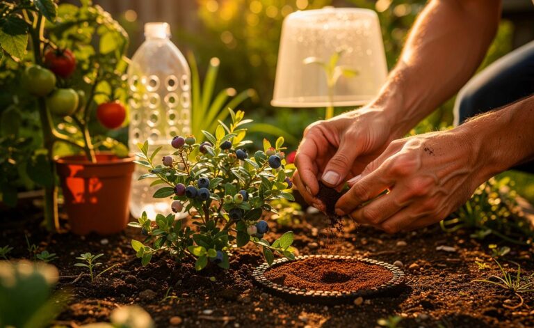 Illustration von drei häufig falsch angewendeten Garten-Hacks: ein üppiger Kaffeesatz-Haufen neben einer Pflanze, ein korrekt vergrabener Tontopf zur Bewässerung und eine Plastikflasche mit Belüftungslöchern als Abdeckung für einen Keimling.