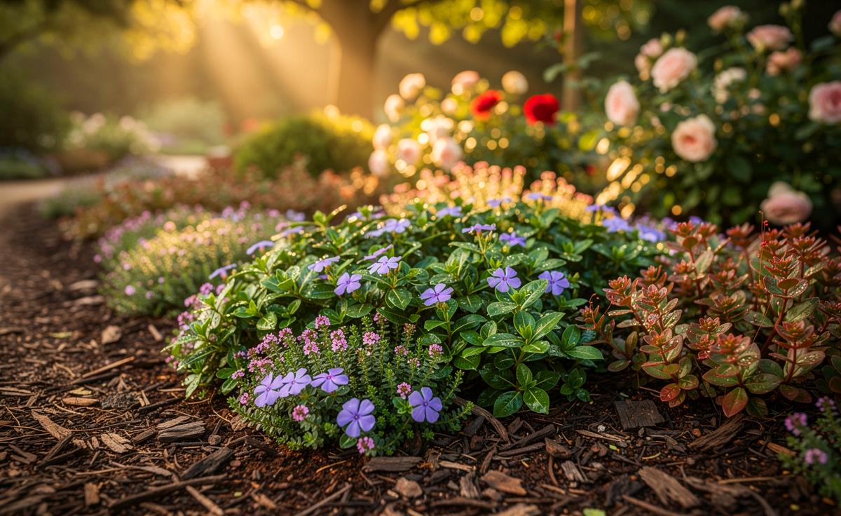 Illustration von einer natürlichen Bodendecke aus Bodendecker-Pflanzen und organischem Mulch in einem pflegeleichten Gartenbeet zur Unkrautunterdrückung