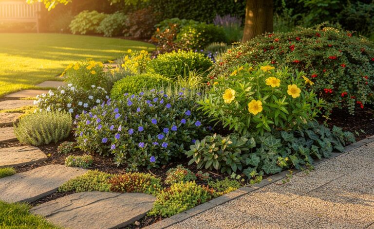 Illustration von dichten Bodendeckern zur Unkrautunterdrückung in einem pflegeleichten, schönen Garten