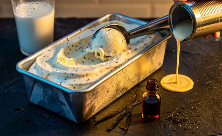 Illustration von cremiger No‑Churn‑Vanilleeiscreme aus drei Zutaten in einer Kastenform mit Eislöffel, umgeben von Schlagsahne, gesüßter Kondensmilch und Vanille, ohne Eismaschine