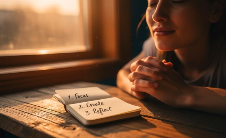 Illustration von einer Person, die morgens an einem Tisch sitzt, tief durchatmet und ihre drei Prioritäten für den Tag notiert, während sanftes Morgenlicht durch das Fenster fällt.