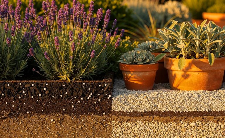 Illustration von Lavendel und Salbei in einer durchlässigen, leicht alkalischen Bodenmischung aus Quarzsand, Perlit, Pflanzenkohle, reifem Kompost und Urgesteinsmehl