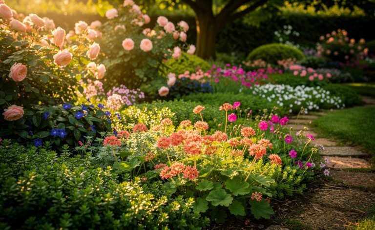 Illustration von pflegeleichten, sommerblühenden Bodendeckern zur zuverlässigen Unkrautunterdrückung im Garten