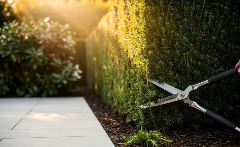 Illustration von einer dichten, pflegeleichten Eibenhecke als Alternative zum Kirschlorbeer mit minimalem Schnittbedarf