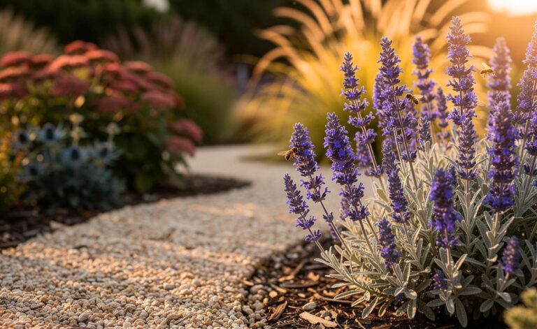 Illustration von [Blauraute (Perovskia atriplicifolia) im vollsonnigen Kiesbeet mit blauvioletten Blütenrispen, pflegeleicht und dürretolerant, Blüte von Juli bis November]