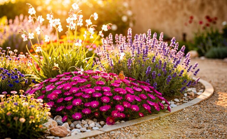 Illustration von einem sonnigen Kiesbeet mit pflegeleichten, dürretoleranten Stauden und Blüte von Mai–Oktober, mit mineralischem Mulch und Arten wie Nepeta × faassenii, Salvia nemorosa, Gaura lindheimeri und Delosperma cooperi