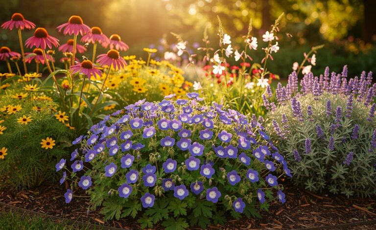 Illustration von Geranium 'Rozanne' als pflegeleichter Dauerblüher mit sechsmonatiger Sommerblüte im sonnig-halbschattigen Staudenbeet