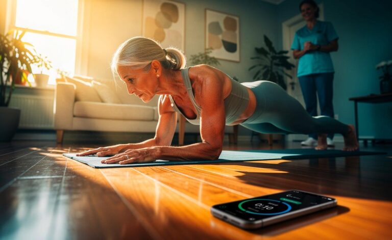 Illustration von einer älteren Person im Unterarmstütz auf einer Matte mit Stoppuhr zur schnellen Überprüfung der Rumpfmuskulatur für gesundes Altern