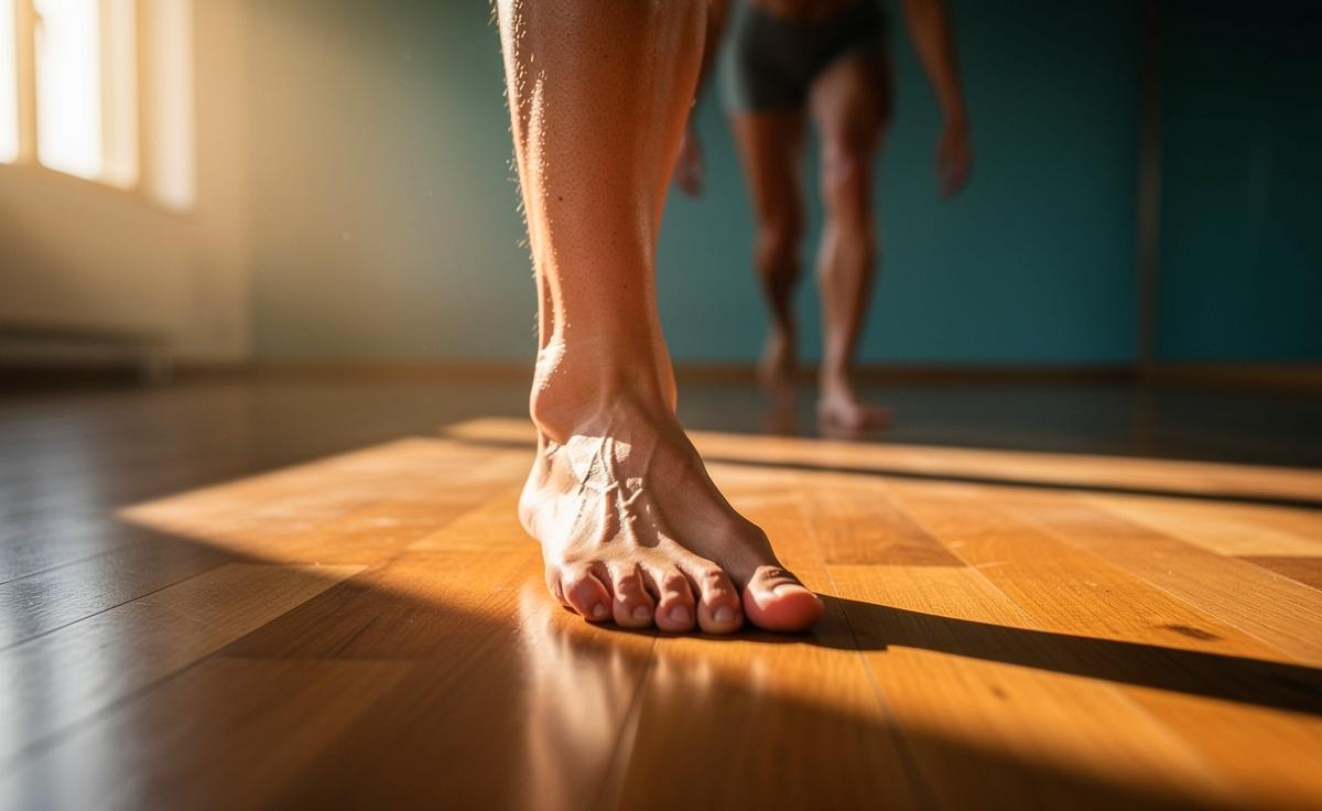 Illustration von einer Person im Kurzfuß-Stand zur Stärkung der Fußgelenke und zur schnellen Verbesserung des Gleichgewichts