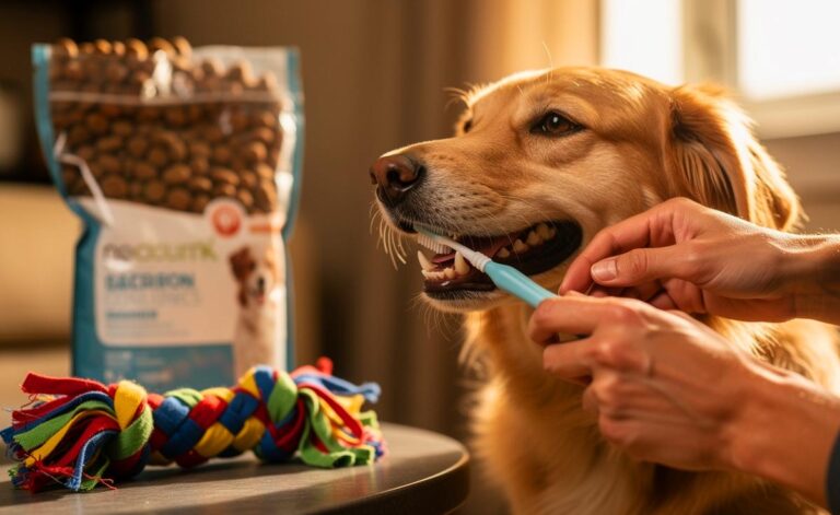 Illustration von einem Besitzer, der seinem Hund die Zähne putzt, während im Hintergrund eine geöffnete Großpackung Trockenfutter und selbstgemachtes Spielzeug aus einem geflochtenen T-Shirt zu sehen sind.