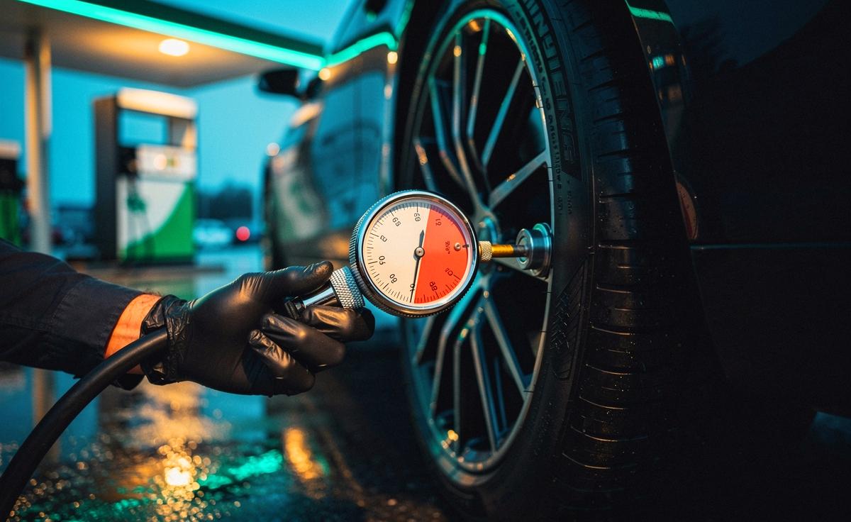 Illustration von einem Reifendruckmanometer bei 1,8 bar an einem Pkw-Reifen, das auf erhöhten Kraftstoffverbrauch durch Unterdruck hinweist