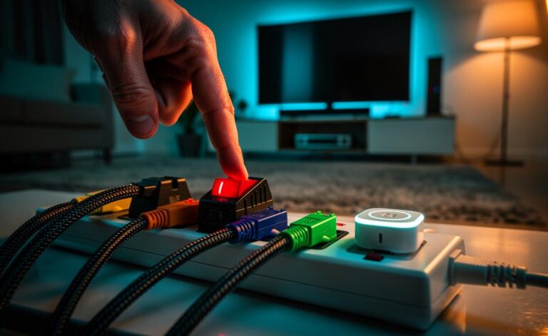 Illustration von einem Elektriker, der eine schaltbare Steckdosenleiste ausschaltet, um den Standby-Verbrauch zu senken, Kosten zu sparen und das Brandrisiko zu reduzieren