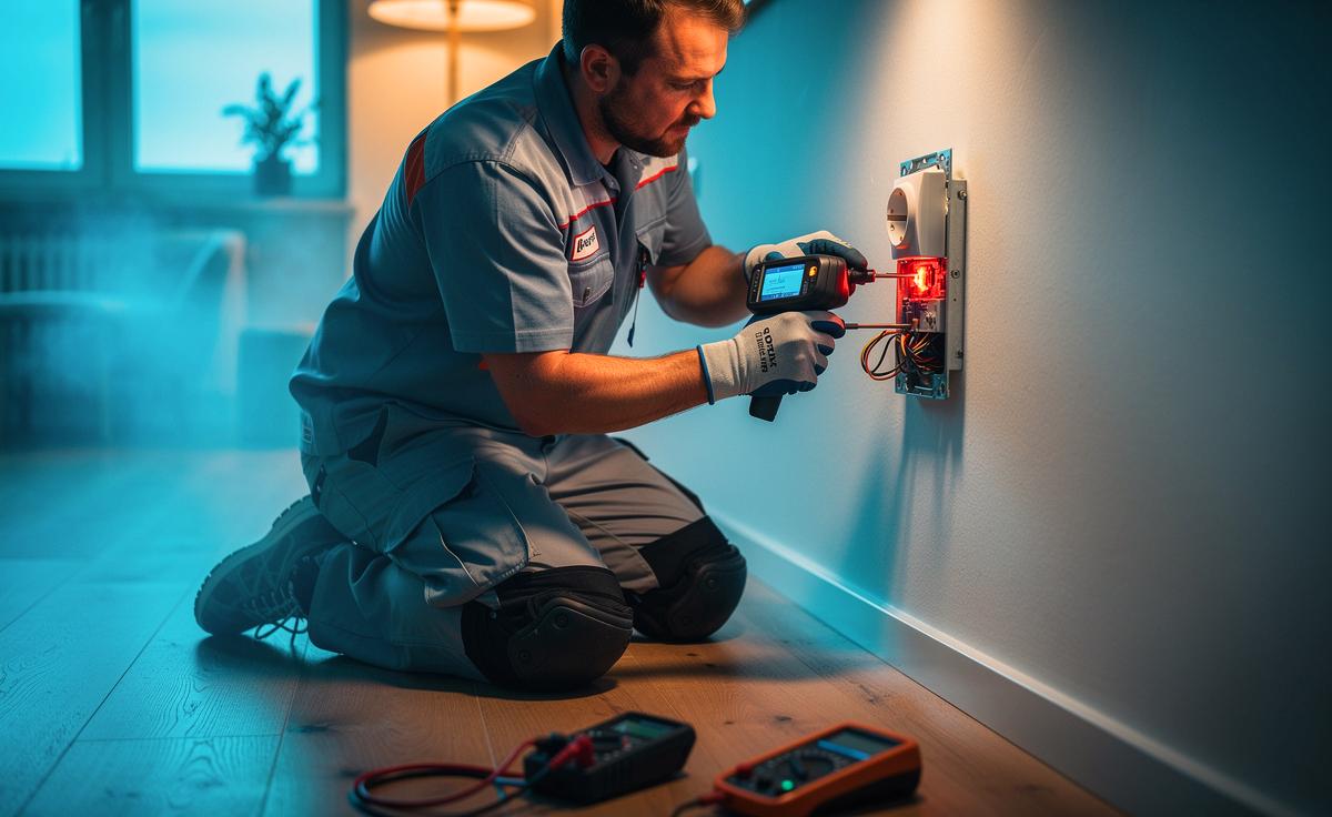 Illustration von einem Elektriker, der eine Steckdose prüft und erklärt, wie regelmäßige Kontrolle vor unerwarteten Kosten schützt