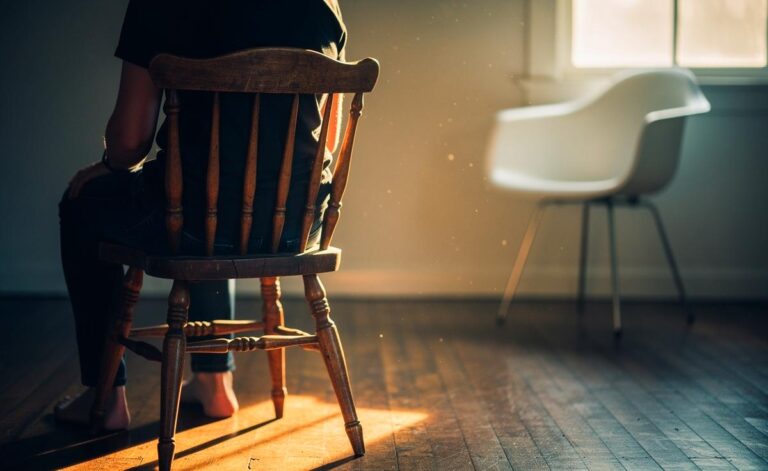 Illustration von einem alten Holzstuhl mit ergonomisch gebogener Lehne, der den Rücken besser stützt als ein moderner Stuhl