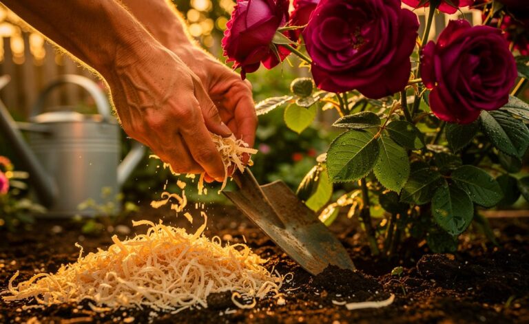 Illustration von der Ausbringung von Hornspänen bei Rosen zur Förderung von Wachstum und Blüte