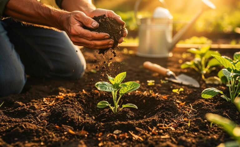 Illustration von einem Gärtner, der zwei Handvoll Kompost an der Pflanzstelle ausbringt, um das Pflanzenwachstum zu beschleunigen