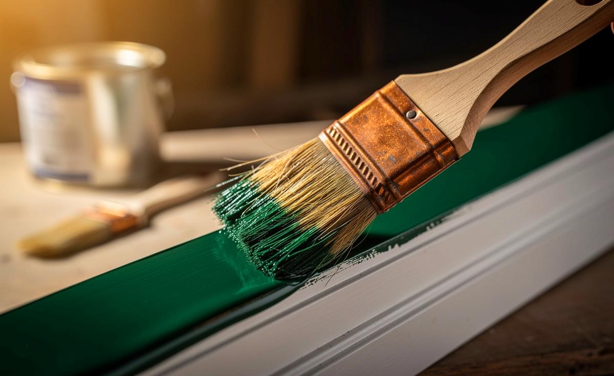 Illustration von einem alten Naturborstenpinsel (vor 2000) mit Kupferzwinge, tiefem Epoxidverguss, Buchenholzstiel und gesplissten Spitzen beim präzisen Auftrag von Alkydlack mit glattem Verlauf