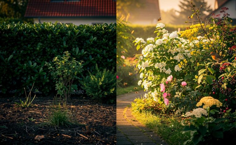 Illustration von problematischen Hecken in deutschen Gärten (Kirschlorbeer, Thuja) mit sichtbaren Langzeitschäden an Biodiversität und Bodenökologie
