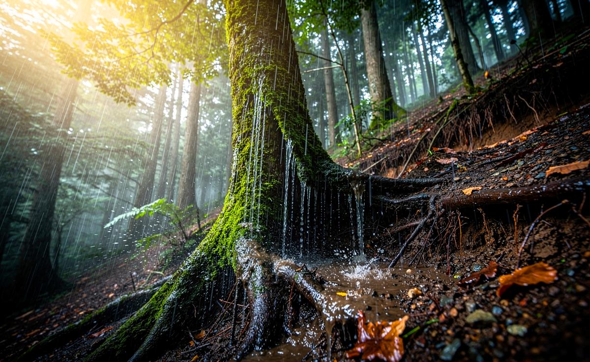 Illustration von pflanzenbedingter Bodenerosion im Wald durch Kronendach, Stammabfluss, flache Wurzelsysteme und lückige Bodenbedeckung