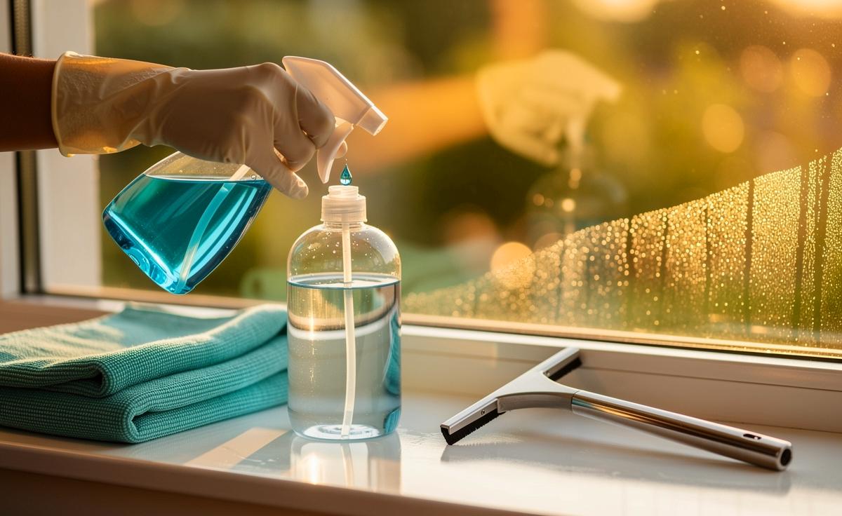 Illustration von der 1‑Tropfen‑Methode mit Spülmittel für streifenfreie Fensterreinigung mit Mikrofasertuch und Fensterabzieher