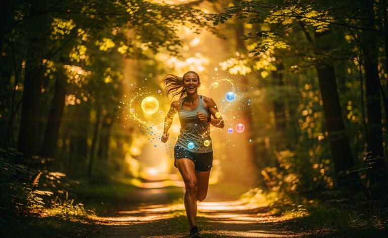 Illustration von einer Person, die lächelnd in Bewegung ist, umgeben von stilisierten Gehirnwellen und Symbolen für Neurotransmitter wie Serotonin und Dopamin.