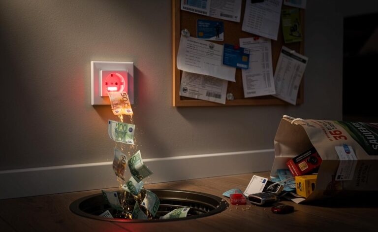 Illustration von stillen Geldabflüssen wie einem Stecker in der Steckdose, verblassenden Euro-Scheinen, einem überquellenden Abo-Friedhof und einem Einkaufswagen mit Impulskäufen.