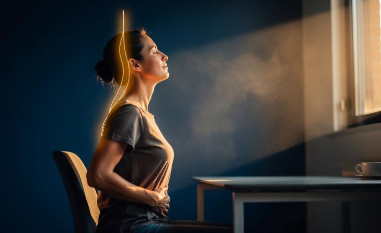 Illustration von einer Person, die mit aufrechtem Oberbau und bewusster Atmung am Schreibtisch sitzt, während ein gedachter Faden die Ohren nach oben zieht.