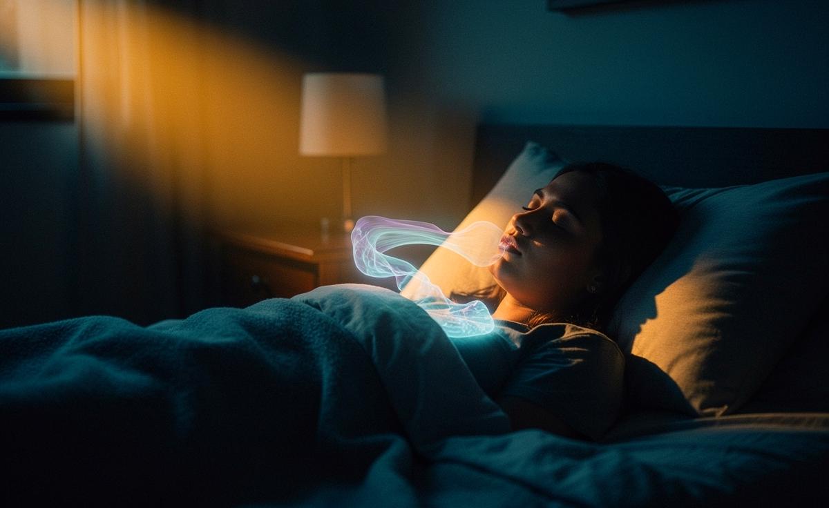 Illustration von einer Person, die entspannt im Bett liegt und die 4-7-8-Atemtechnik anwendet, um sanft einzuschlafen.