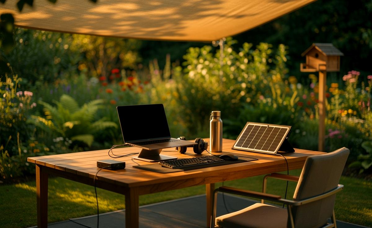 Illustration von einem naturverträglichen Outdoor-Homeoffice-Setup im Garten mit Laptop, Sonnensegel, Powerbank, Blickschutzfolie und ruhiger Arbeitsatmosphäre
