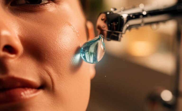 Illustration von einem Tropfen mildem Geschirrspülmittel, der sanft auf einer weiblichen Wange zerfließt und dabei Poren reinigt, während im Hintergrund eine Küchenumgebung mit Spülbecken angedeutet ist.