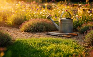 Illustration von einem modernen Garten, in dem ein großer, pflegeleichter Bereich mit blühenden Stauden und Kies von einem kleinen, sattgrünen Rasenstück umgeben ist, während eine Gießkanne und eine Gartenschere daneben liegen.